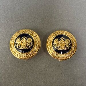 Vintage St. John Black Enamel in Gold Tone Clip On Earrings Luxury Designer EUC